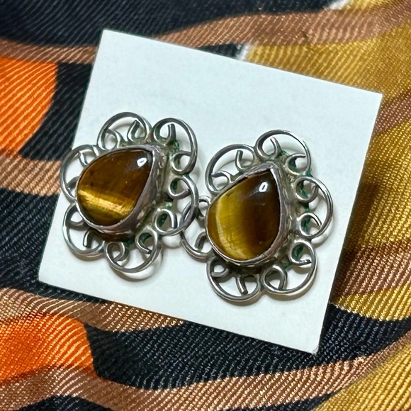 Teardrop Shaped Tigers Eye Pierced Earrings with Scrolling Stamped 925 Silver - Picture 5 of 9